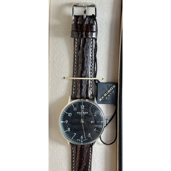 Akribos XXIV Men’s Retro Black Dial Watch w/ Date Window Leather Strap AK715SSB - Picture 5 of 16